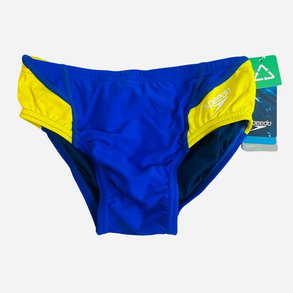 Speedo Swimsuit Brief PowerFlex Eco Revolve Splice Blue/Yellow Size 26 (XS) - Picture 4 of 7